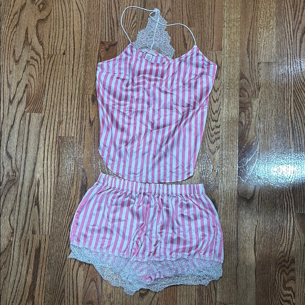 Striped Pink and White Lace Trim Sleepwear Set